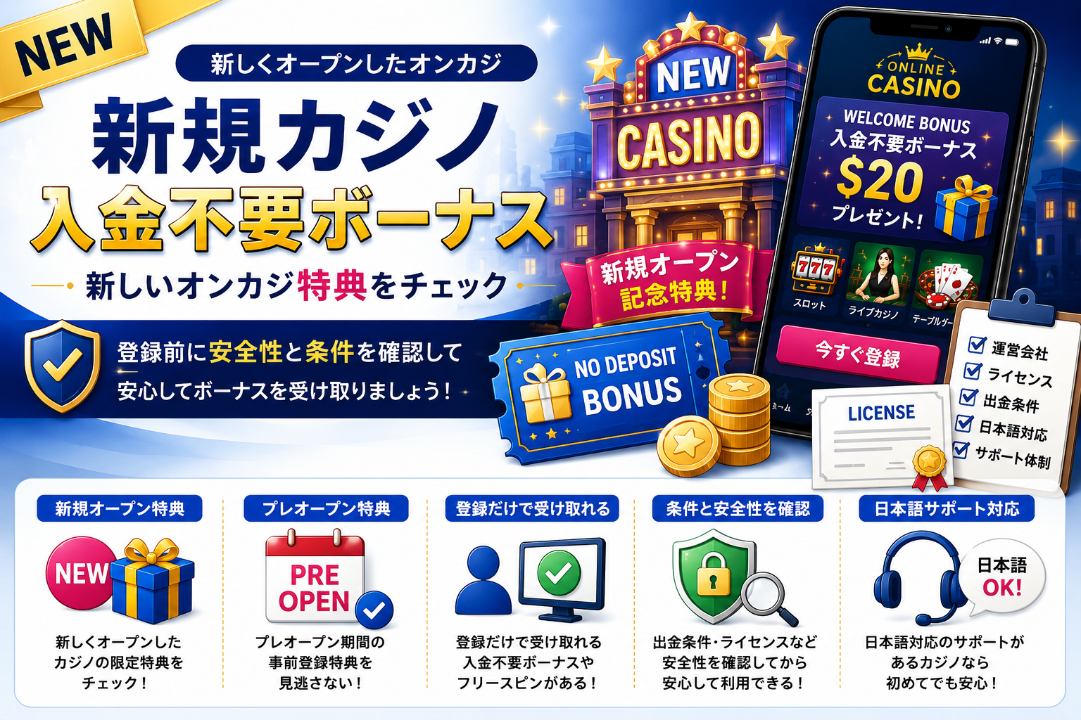新規カジノ入金不要ボーナス一覧