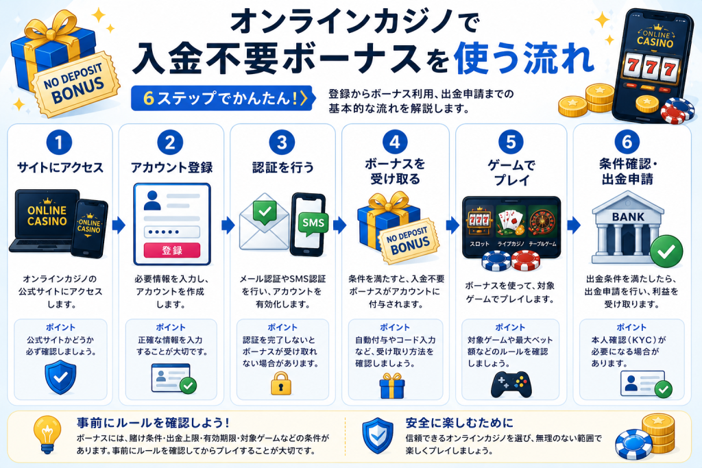 オンラインカジノで入金不要ボーナスを使う流れ
